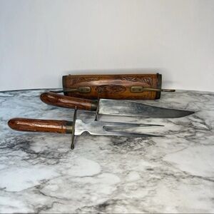 Vintage India Carved Wood And Brass Sheath Carving Set, Knife, Fork, Protector